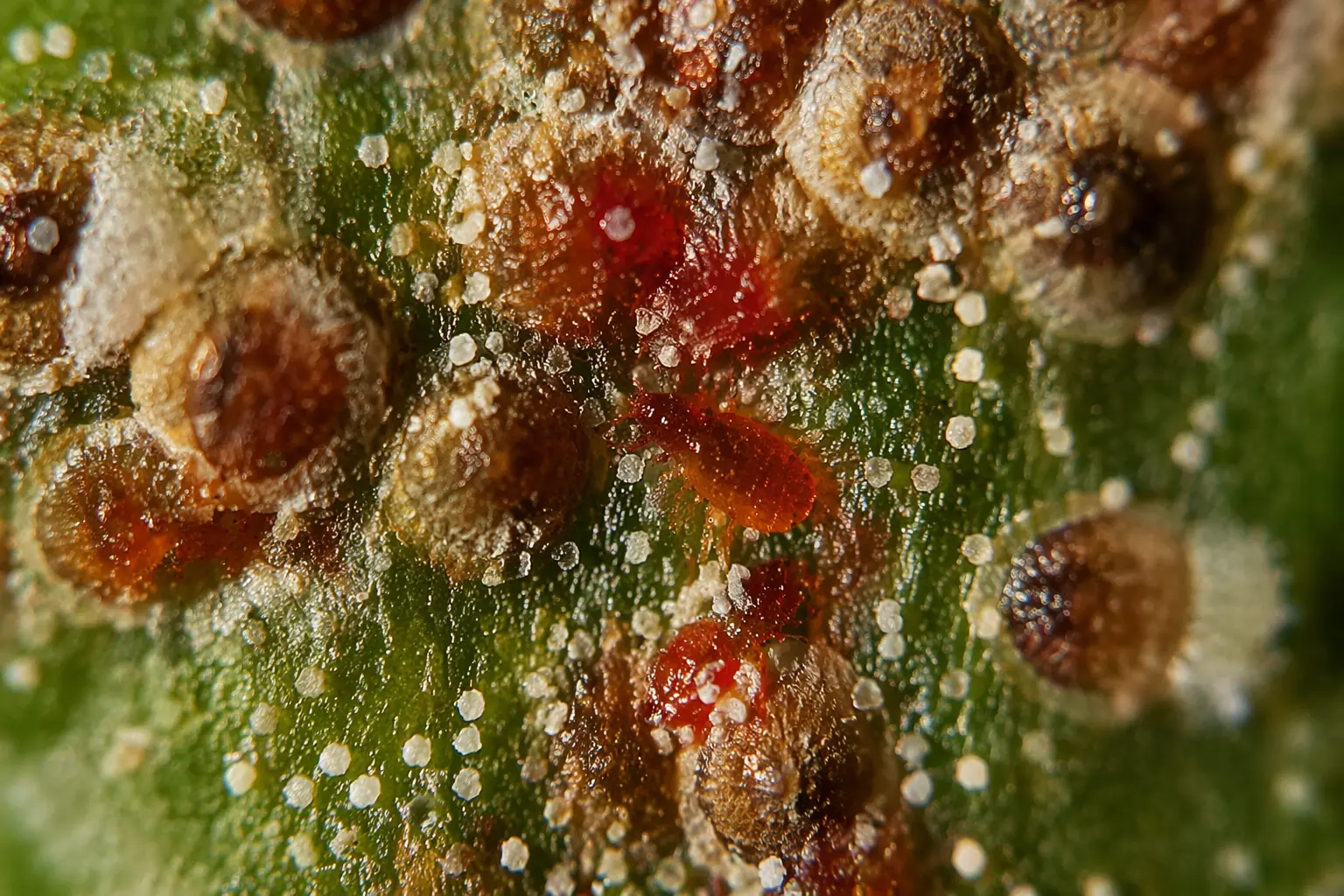 Detalle visual del piojo rojo de California sobre el cultivo